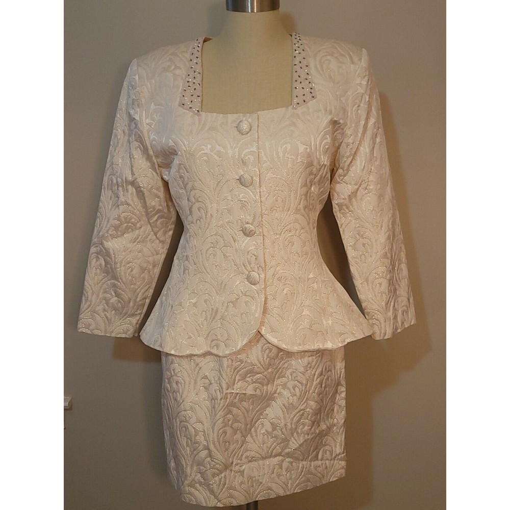 Jeffrey & Dara Evenings by Tom Barra Ivory & Gold Beaded Skirt Suit Size 12